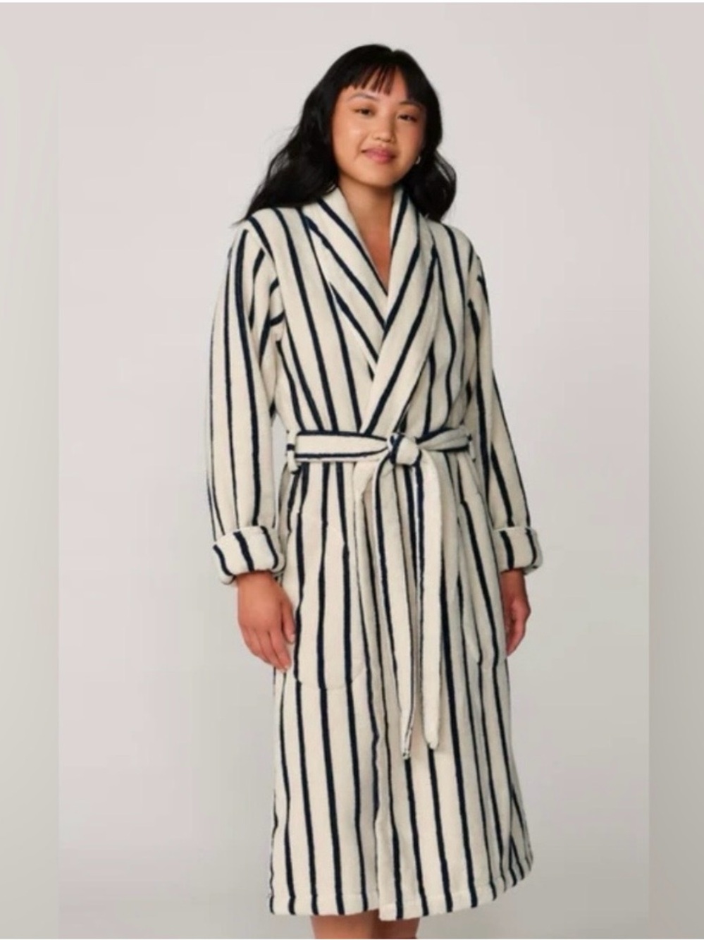 Brooklinen Luxury 100% Cotton Cream and Navy Striped Plush Robe Size S